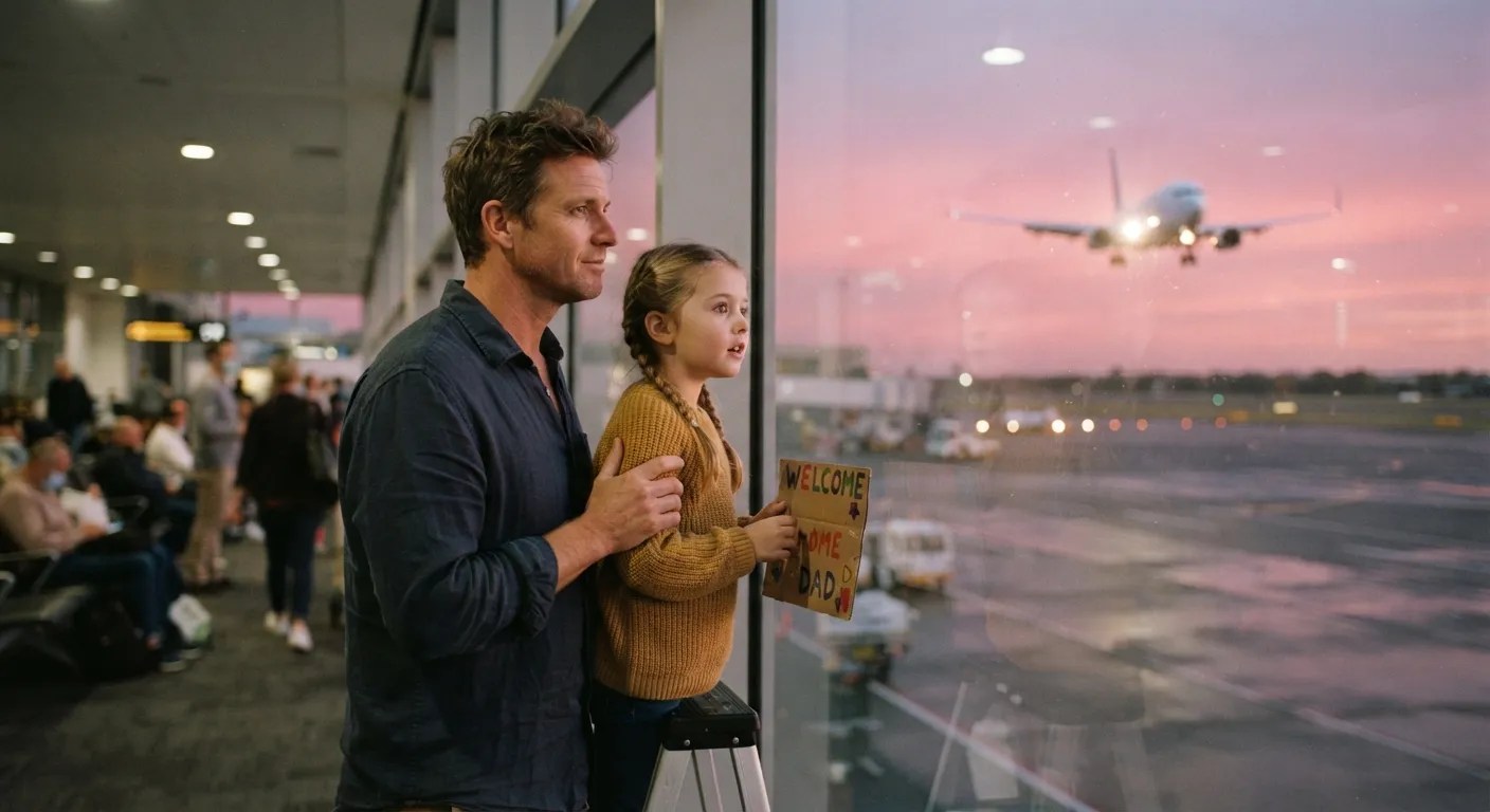 Illustrative image for Sydney airport pickup guide: at dusk, a father and daughter at a waiting-area window watch an unmarked plane on final approach, its landing lights glowing against a pink sky.