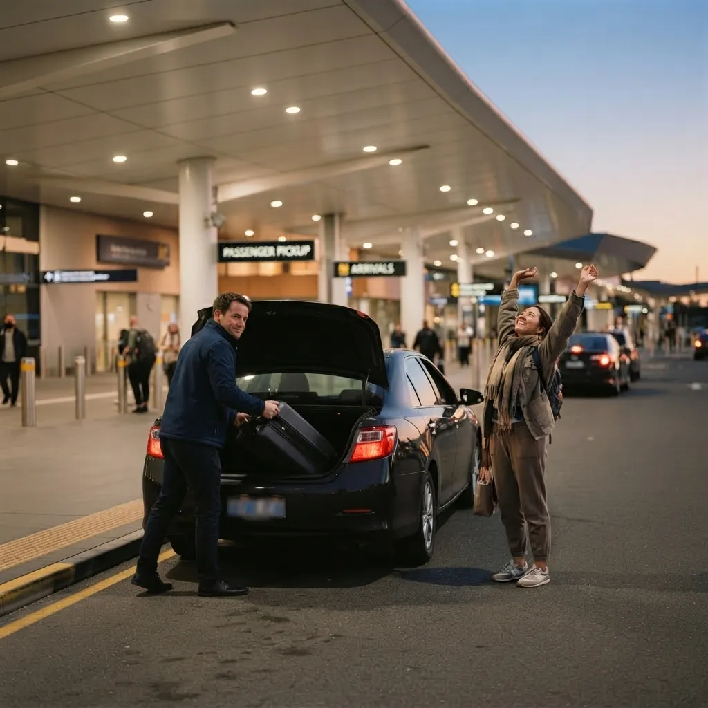Illustrative image for Sydney airport pickup guide: at first light at an airport pickup kerb, a driver in a navy jacket is lifting a suitcase into the boot of a dark sedan while the traveller, just off an overnight flight, stretches and smiles at the sky.