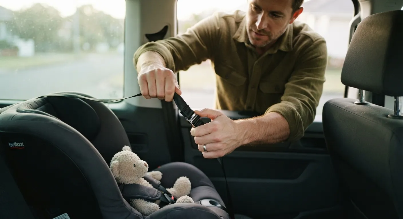 Illustrative image for Safety & compliance: a driver's hands tightening and checking the top tether strap of a child car seat.