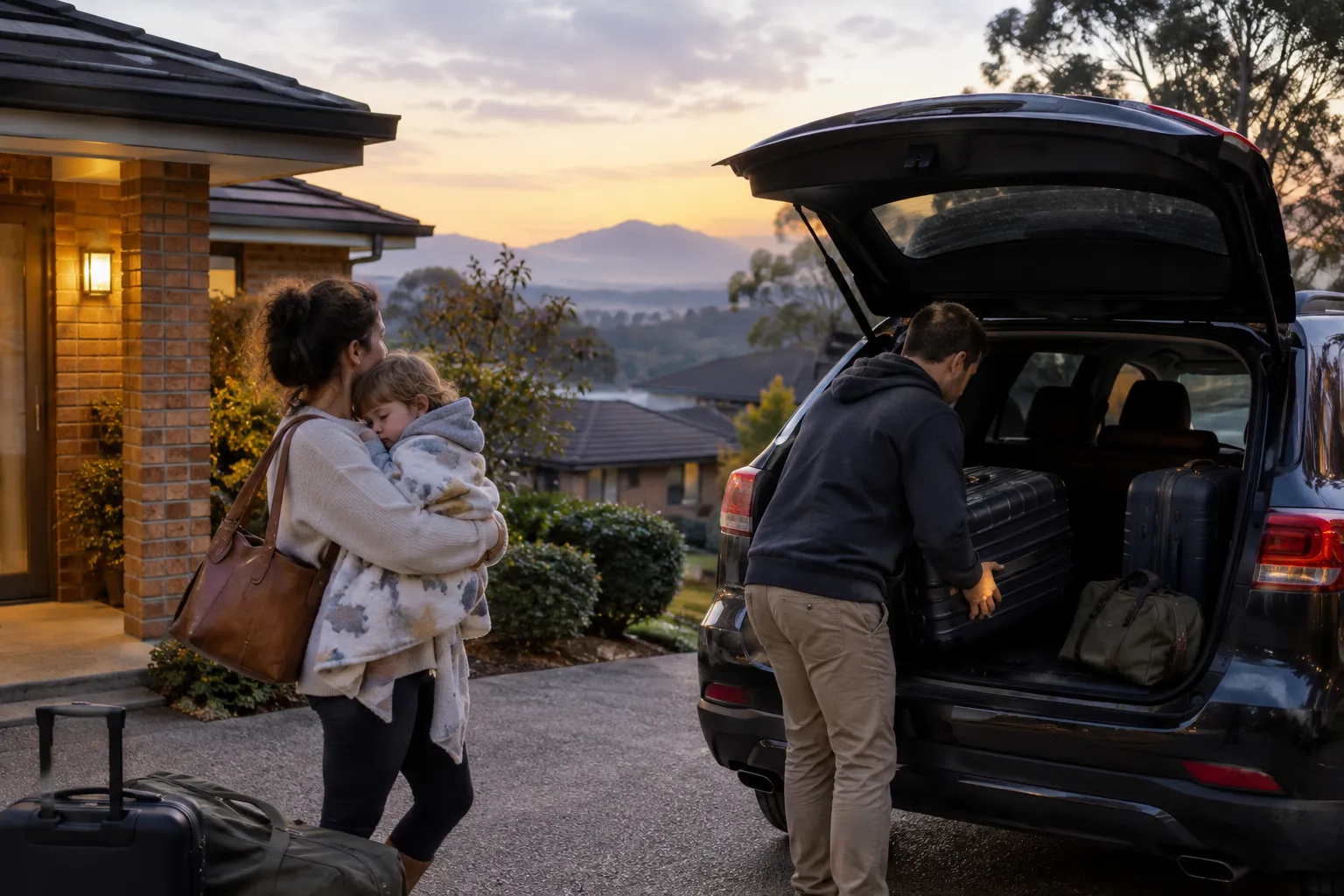 Illustrative image for Penrith airport transfers: a family loading suitcases into a car in a suburban driveway at dawn.