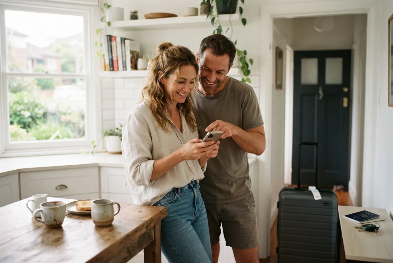 Illustrative image for Airport transfer prices Sydney: a couple checking a fare on a phone at their kitchen bench, a suitcase by the door.