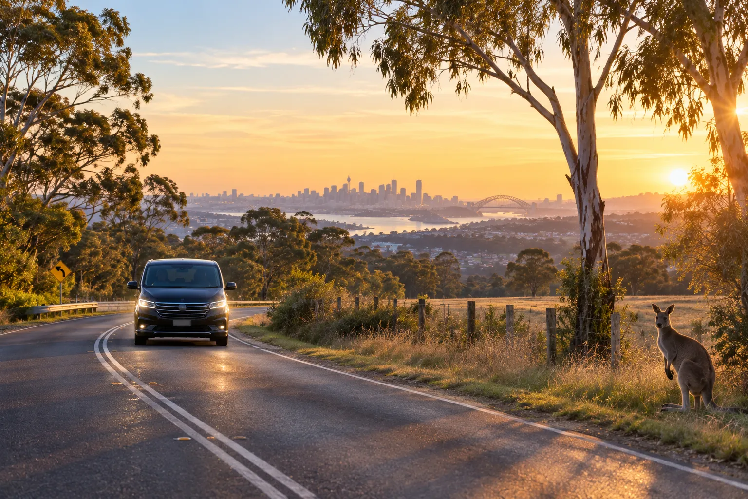 Illustrative image for Airport transfer prices Sydney: a quiet fringe-of-Sydney road at first light curving between paddocks and gum trees.