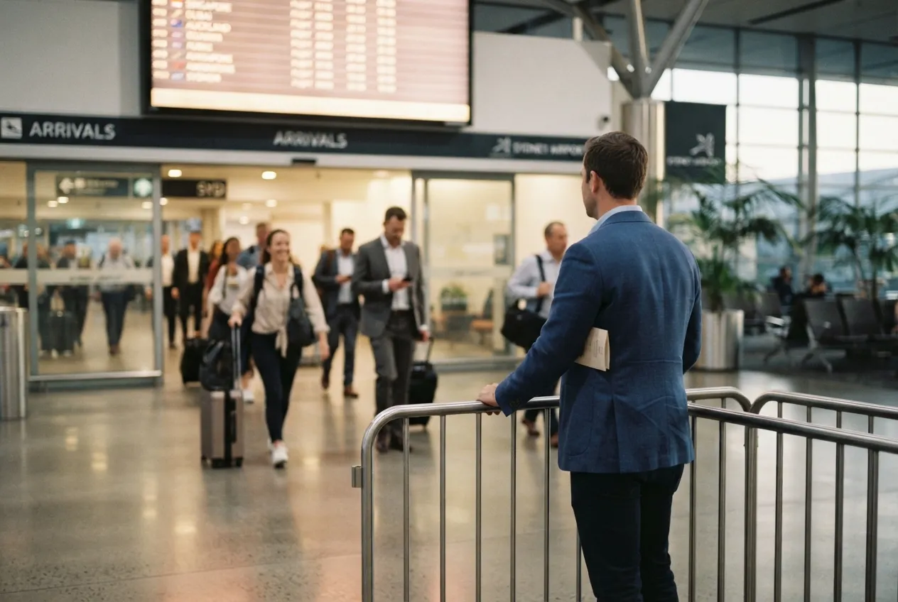 Illustrative image for Airport transfer prices Sydney: a driver waiting at airport arrivals doors with a name card, watching travellers come through.