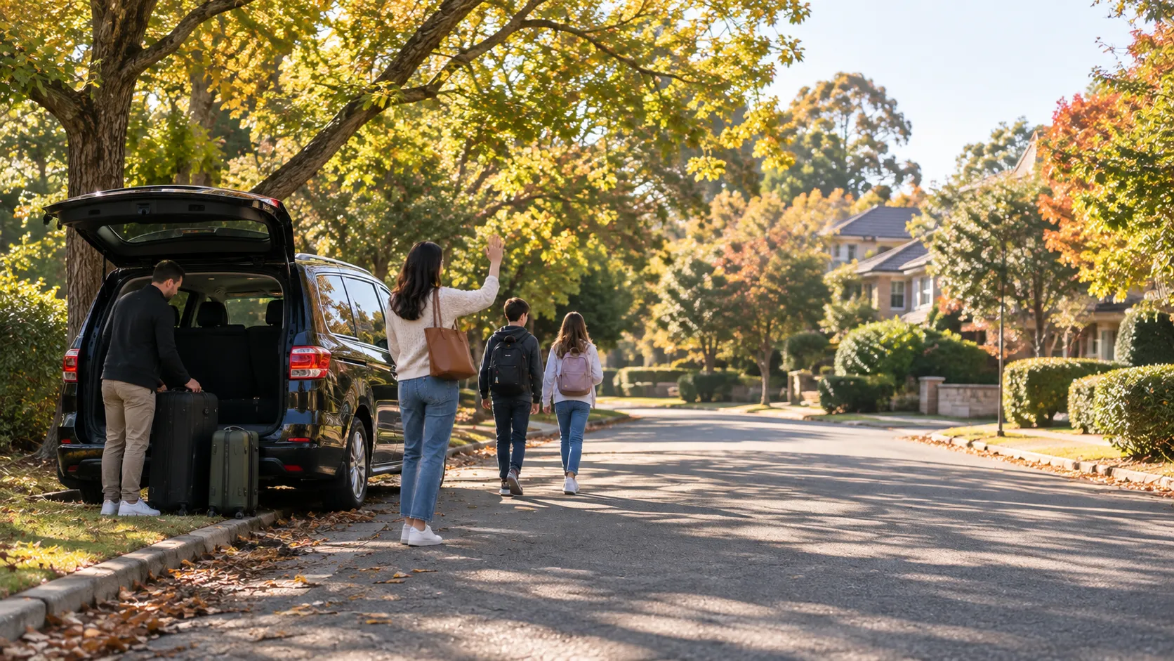 Illustrative image for Castle Hill airport transfers: a leafy Castle Hill crescent in autumn morning light: large family homes and mature trees arching over the road.