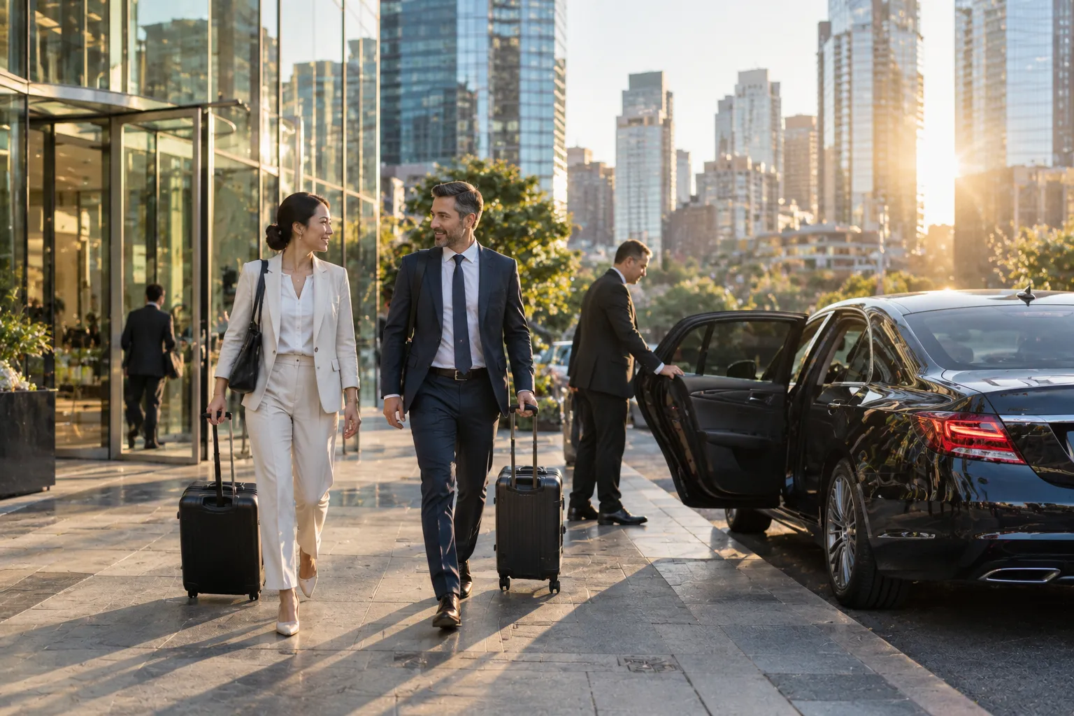 Illustrative image for Corporate airport transfers: first sun on Sydney glass towers, with two colleagues and carry-ons walking out of a tower entrance, talking, as a dark sedan waits at the kerb with a driver holding the rear door.