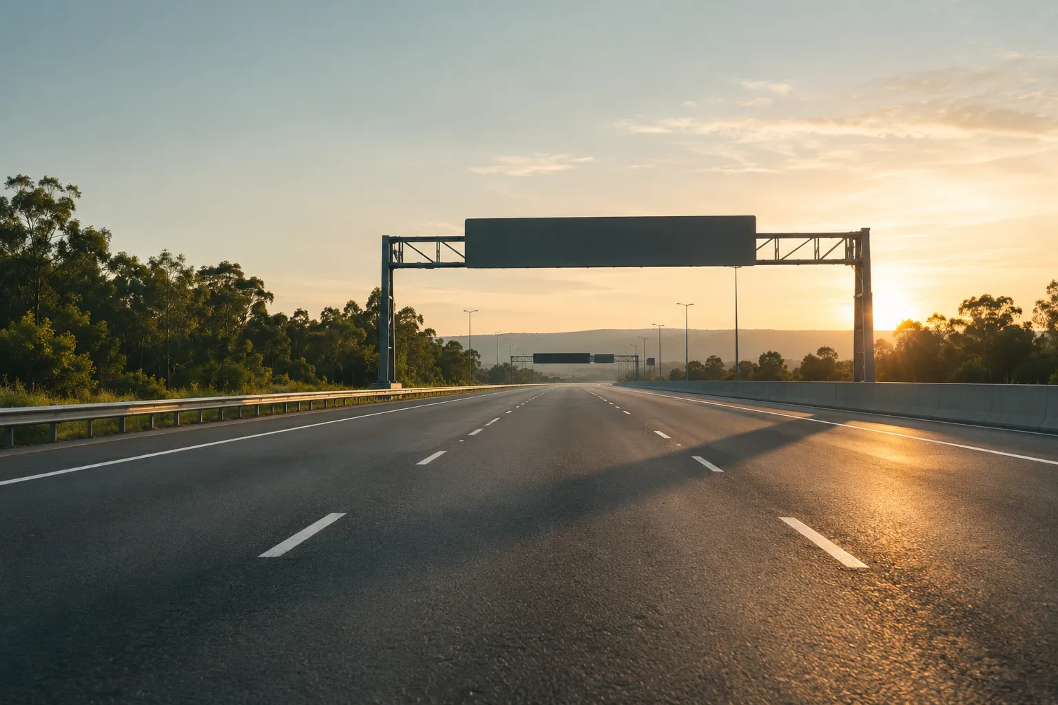 Illustrative image of an empty motorway at dawn, overhead gantries ahead.