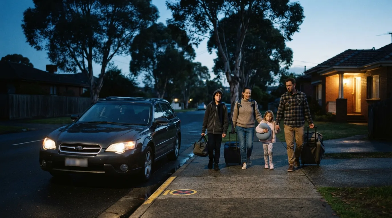 Illustrative image for What time should I leave for Sydney airport: a suburban street before dawn: a porch light on, a family walking down the path with suitcases to a dark car idling at the kerb, headlights on, and the sky just turning blue over the gum trees.