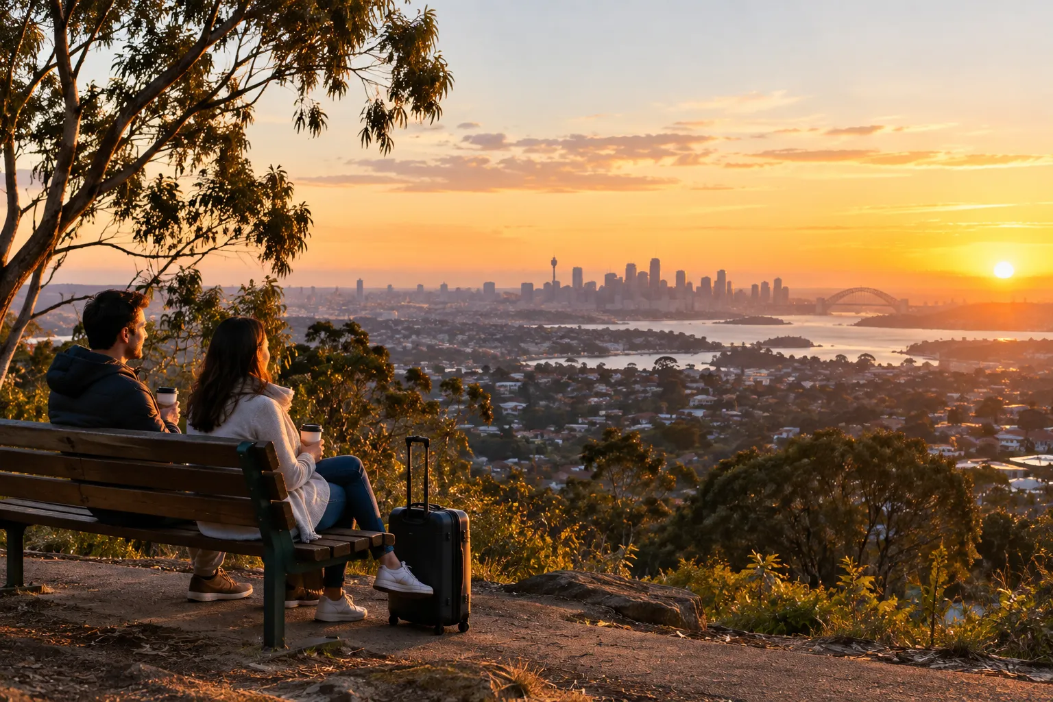 Illustrative image for Service areas: a wide view from a suburban hilltop lookout at first light: Greater Sydney's suburbs roll away to a distant city skyline, with gum trees in the foreground.