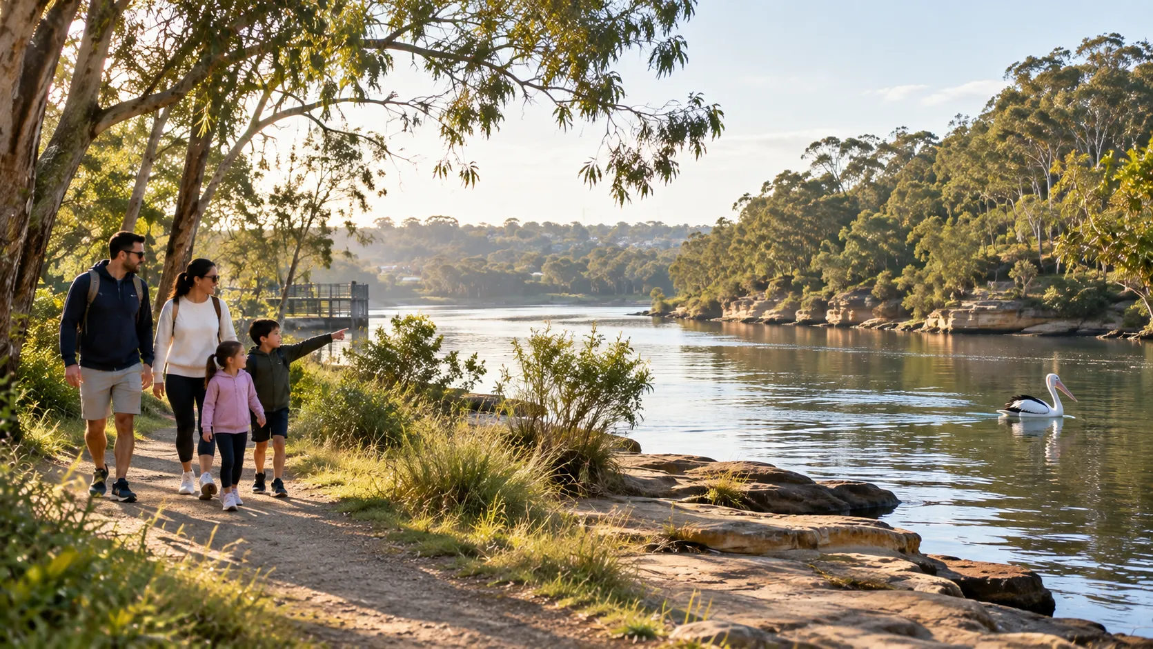 Illustrative image for Liverpool airport transfers: the Georges River near Liverpool in soft morning light: sandstone banks, casuarinas and bushland, with a family walking the riverside track, a child pointing at a pelican on the water.