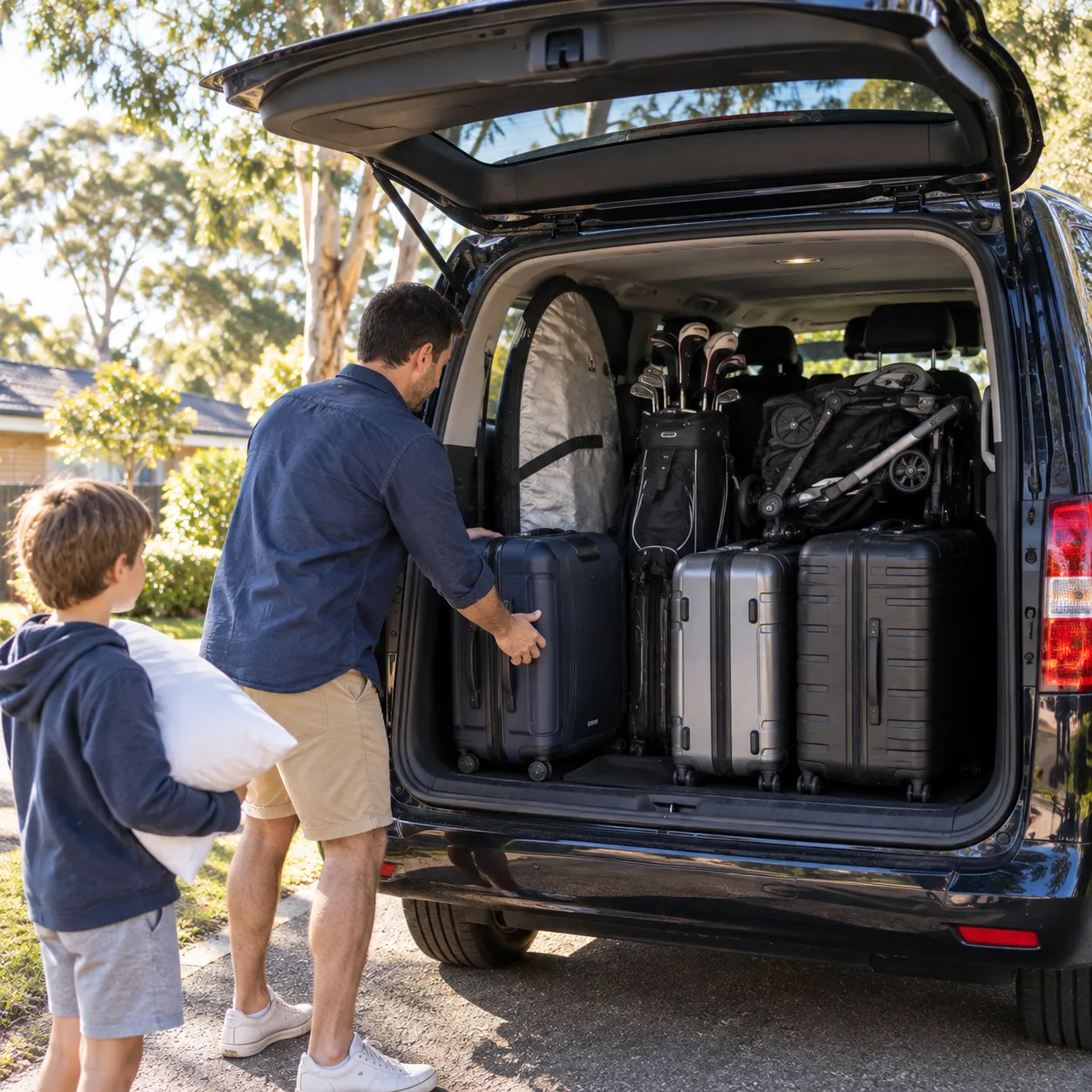 Illustrative image for Maxi cab Sydney: a surfboard bag, a golf bag, a folded pram and suitcases packed into the open back of a van.