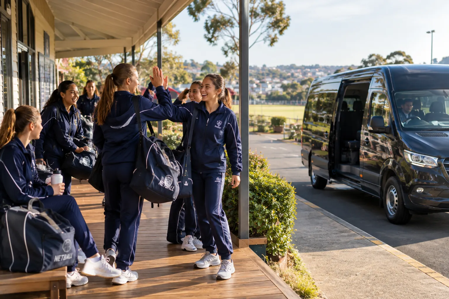 Illustrative image for Maxi taxi Sydney: a netball team in club tracksuits gathering on a clubhouse verandah with kit bags, high-fiving and laughing as a large dark van pulls up on the road in front.