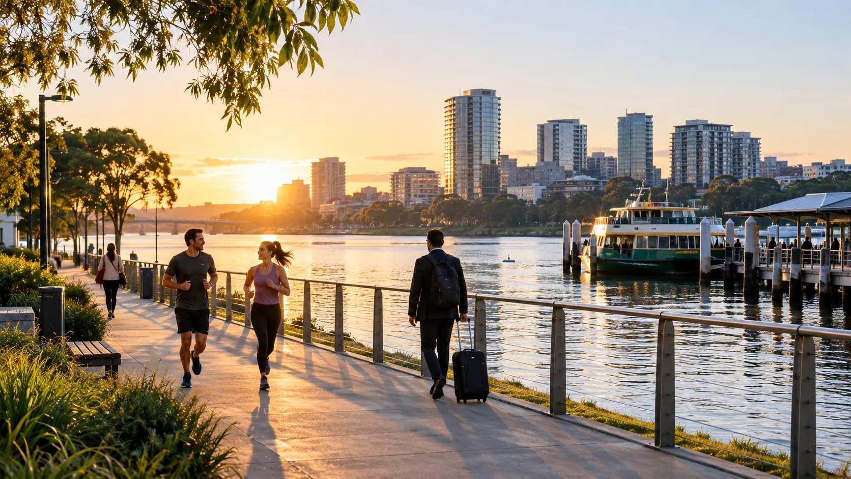 Illustrative image for Parramatta airport transfers: Parramatta River at sunrise: morning joggers and a commuter wheeling a carry-on suitcase along the riverside boardwalk, a ferry drawing in at the wharf, and mid-rise towers catching the first light across the water.