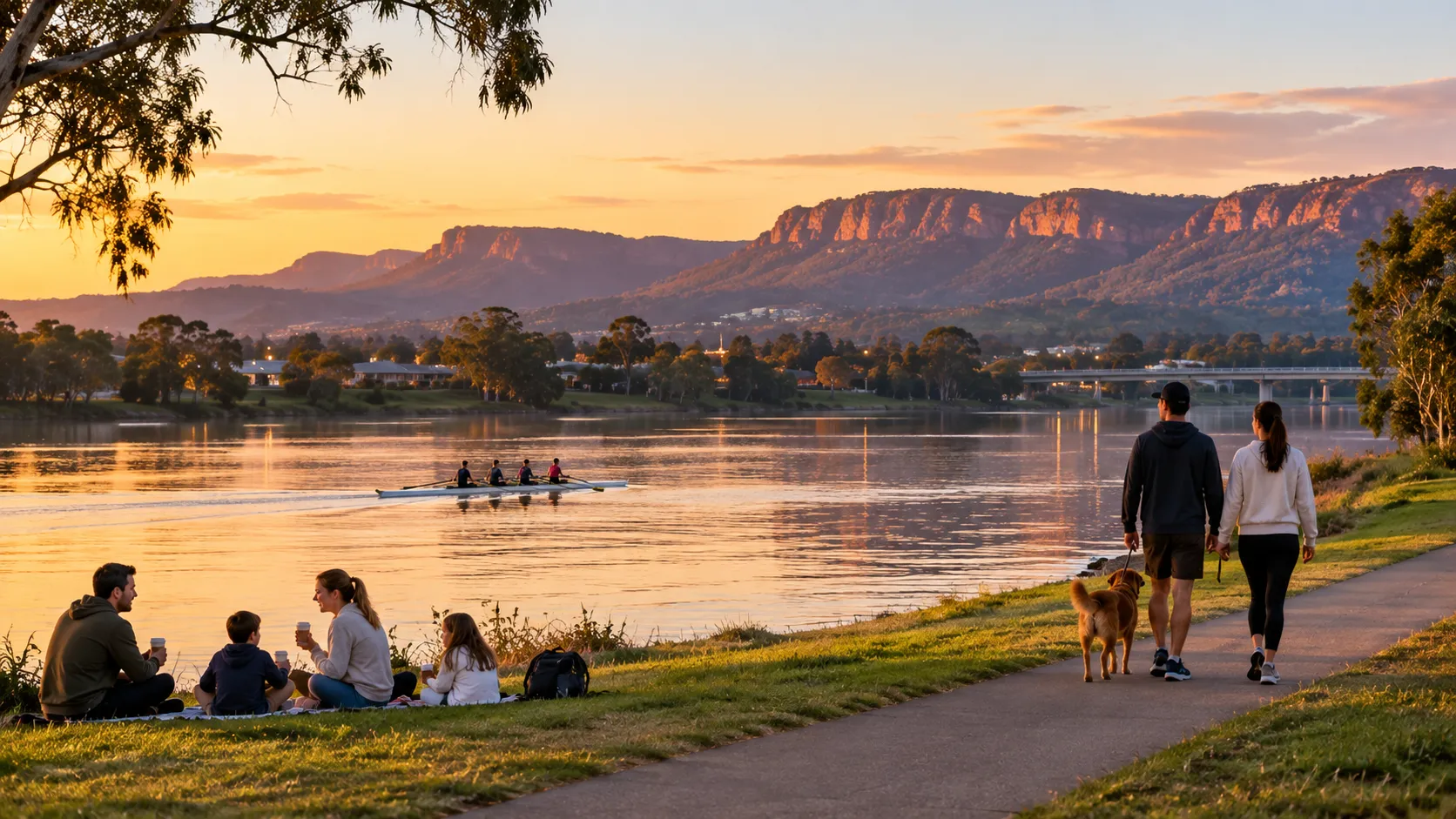 Illustrative image for Penrith airport transfers: the Nepean River at Penrith at dawn, with a rowing crew gliding across flat water and the Blue Mountains escarpment glowing behind.