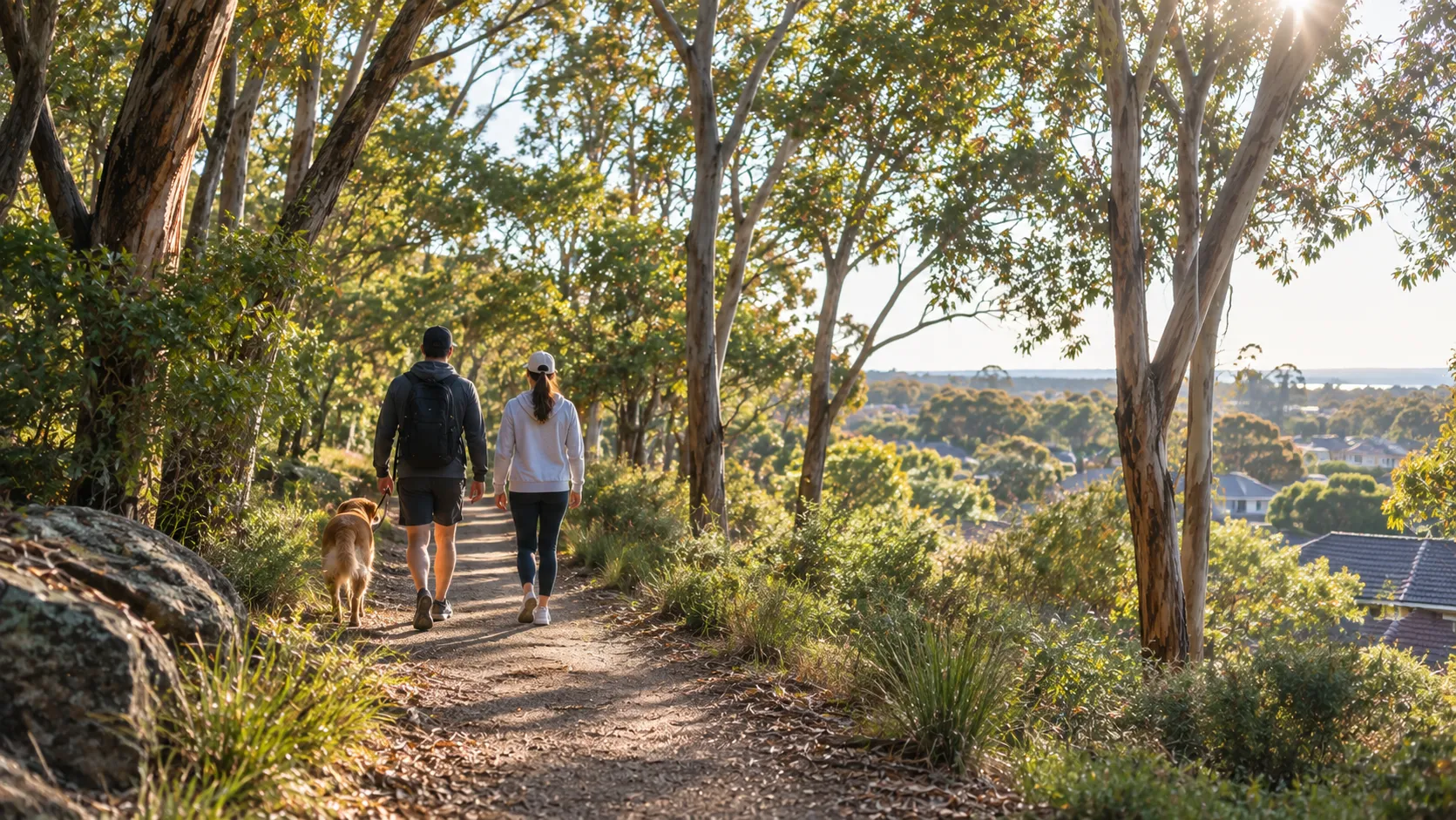 Illustrative image for Ryde airport transfers: a bushland track near Ryde in morning light: tall gums, sunlight through the canopy, and a couple of walkers with a dog on the trail.