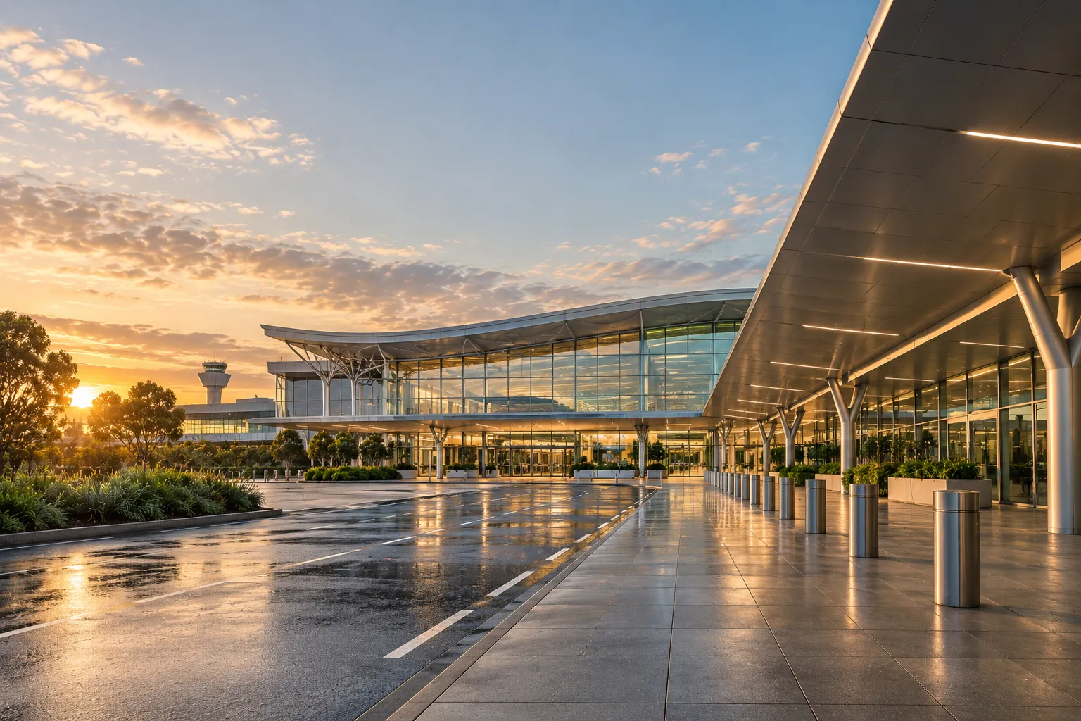 Illustrative image of an airport approach road at dawn, a terminal canopy and control tower ahead.