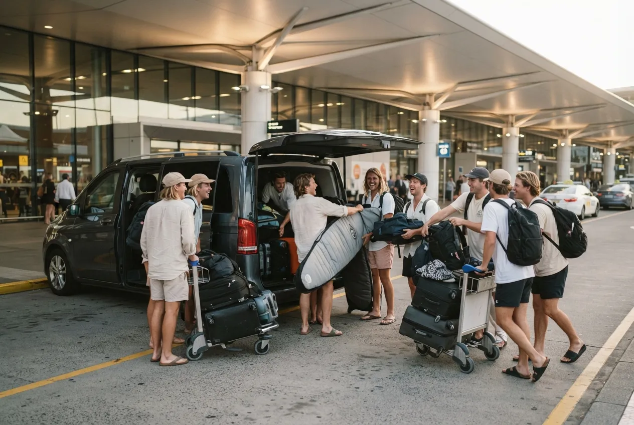 Illustrative image for Sydney airport maxi taxi: a large group with luggage trolleys loading a van at an airport pickup zone.