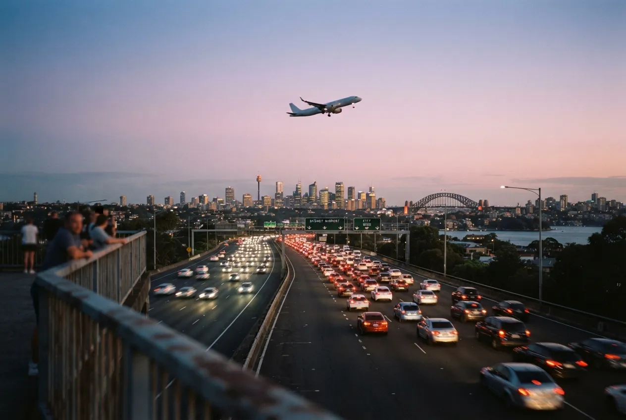 Illustrative image for Airport transfer prices Sydney: traffic streaming along a Sydney motorway at dusk, a plane climbing overhead.