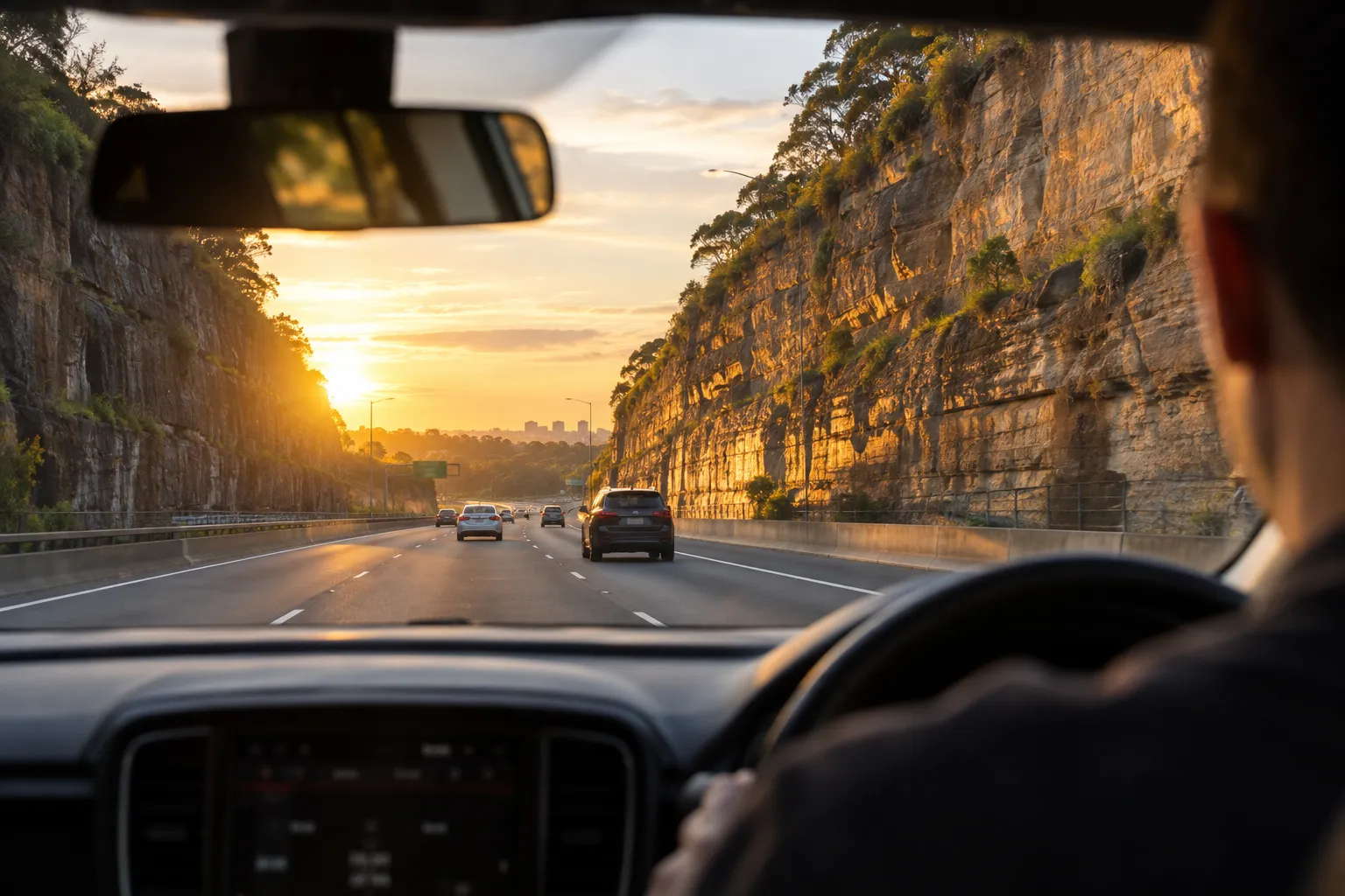 Illustrative image for Parramatta to Sydney airport transfers: a Sydney motorway running through a deep sandstone cutting at sunrise, seen from the back seat of a car: the driver's shoulder in soft focus, light traffic ahead, and gold light on the rock walls.
