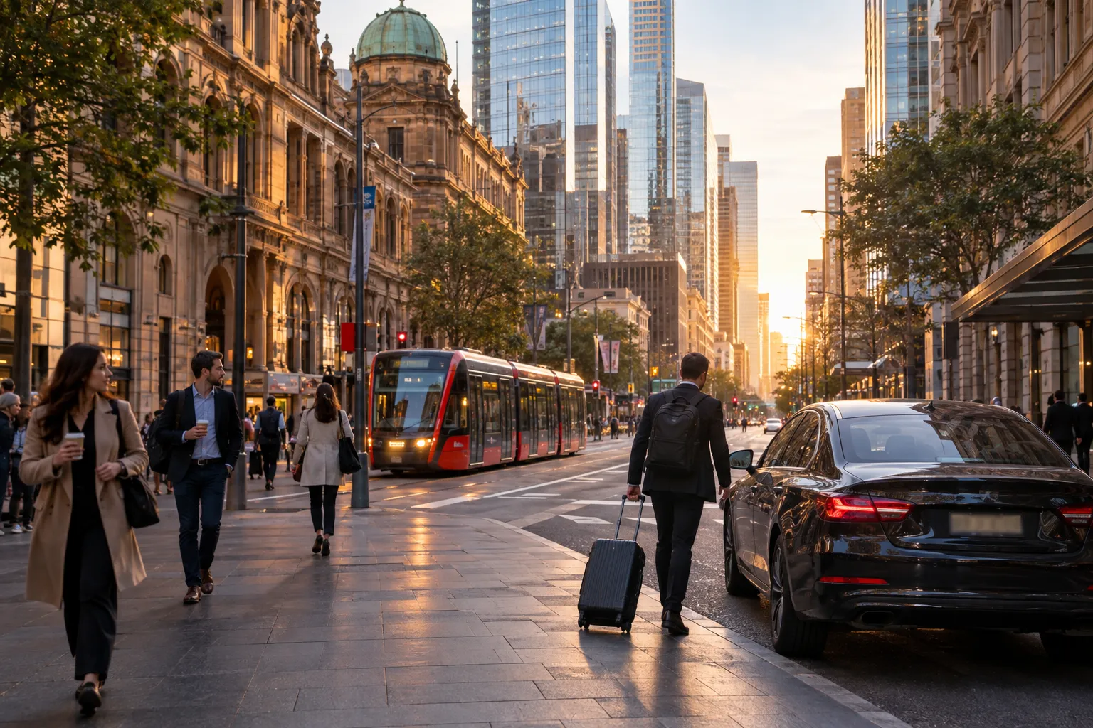 Illustrative image for Sydney CBD airport transfers: a Sydney CBD street at first light: sandstone heritage facades beside glass towers, a light rail sliding past, early commuters with coffees, and a traveller wheeling a suitcase towards a dark sedan at the kerb.