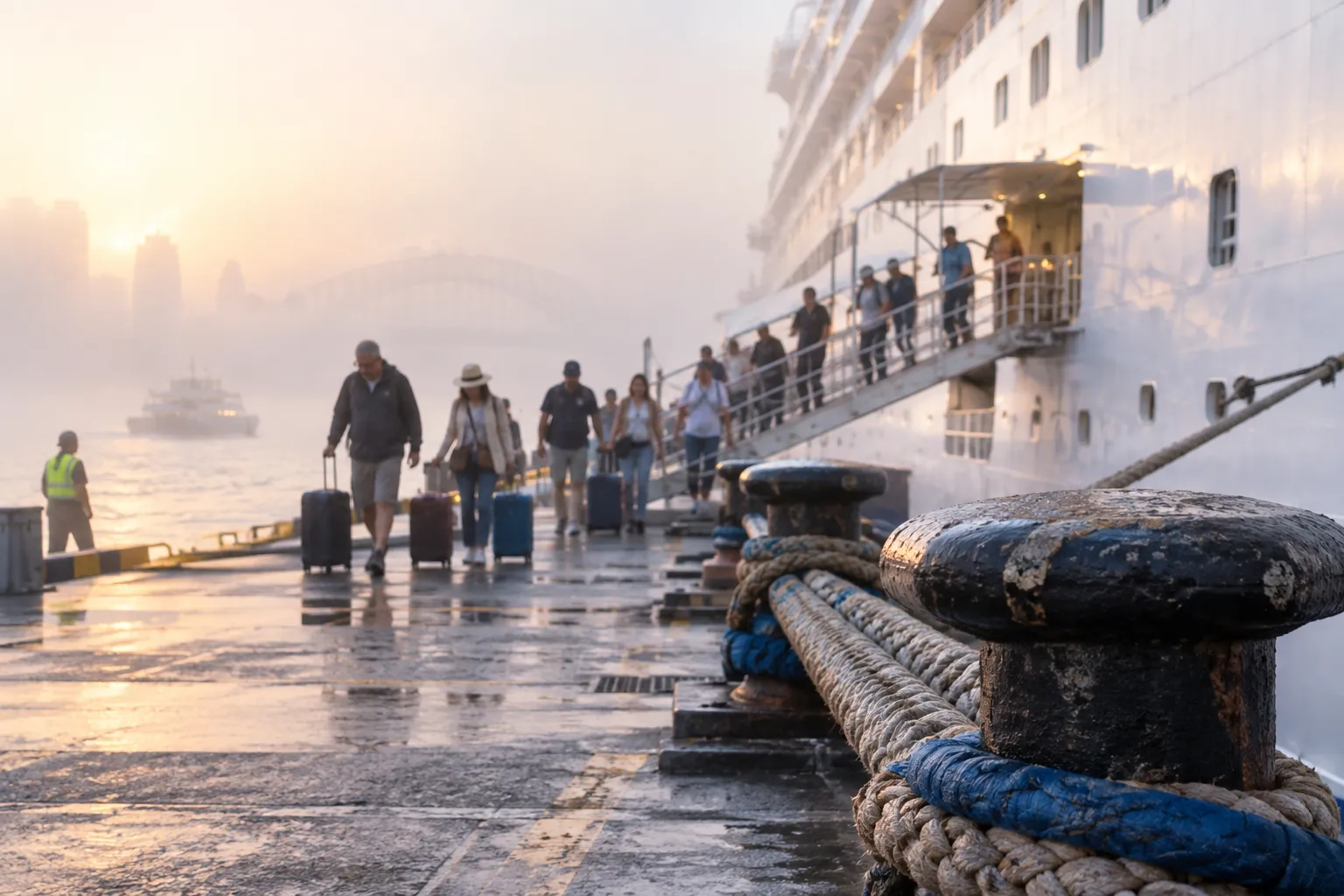 Illustrative image for Sydney cruise transfers: disembarkation morning in harbour mist: thick mooring lines on bollards in the foreground, and passengers walking down the gangway with luggage in soft focus behind.
