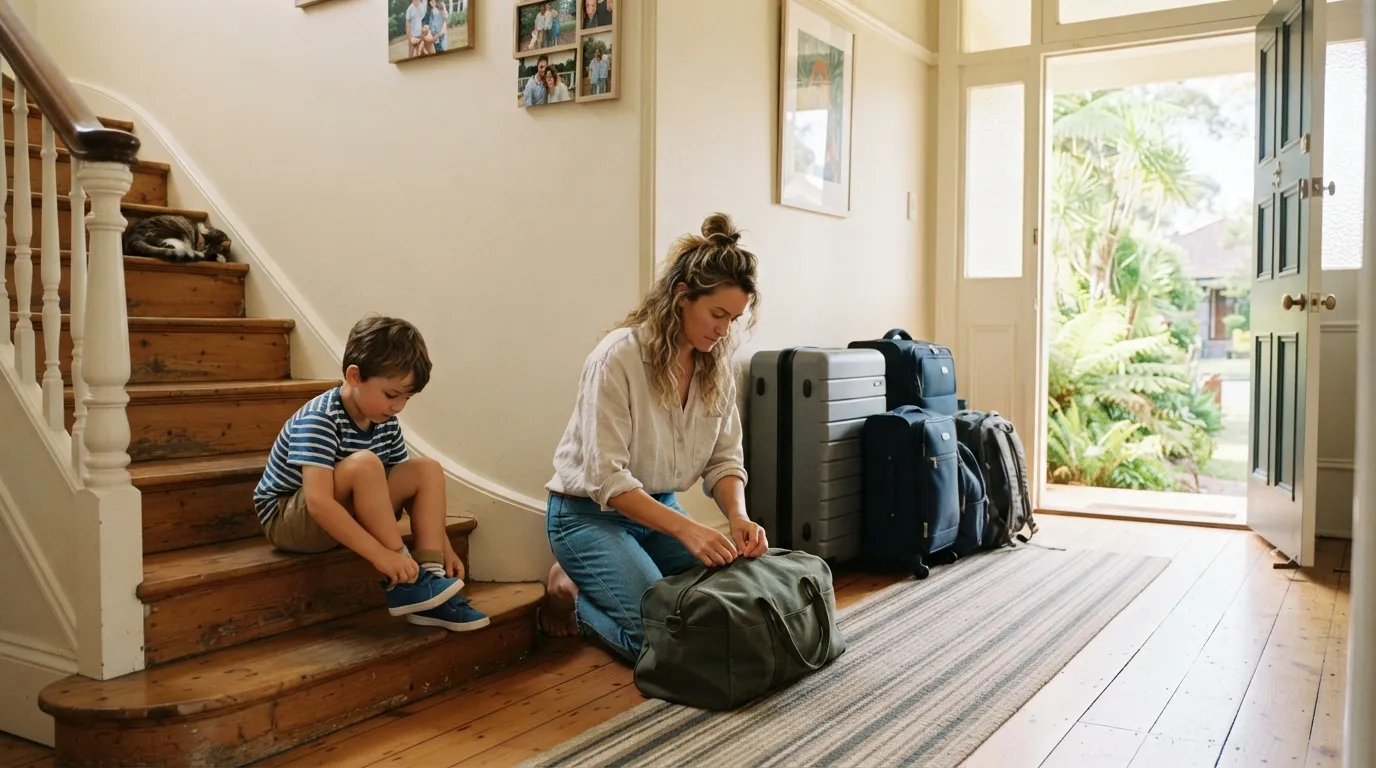 Illustrative image for Transfers in Sydney: a sunlit family hallway on the morning of a trip: suitcases lined up by the door, a child sitting on the bottom stair pulling on sneakers, and a parent zipping a bag.