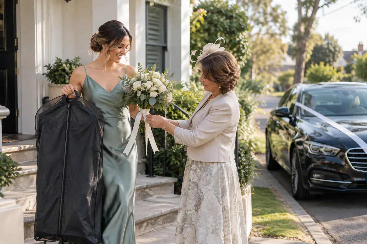 Illustrative image for Wedding transfers Sydney: a bridesmaid carrying a garment bag and bouquet down the front steps of a house, with the bride's mother adjusting a ribbon on the bouquet.