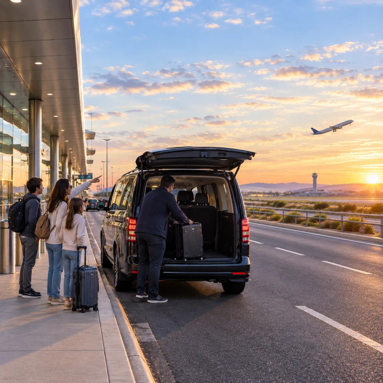 Illustrative image for Western Sydney airport maxi taxi: a group loading luggage into a van at a new airport terminal kerb at sunrise.